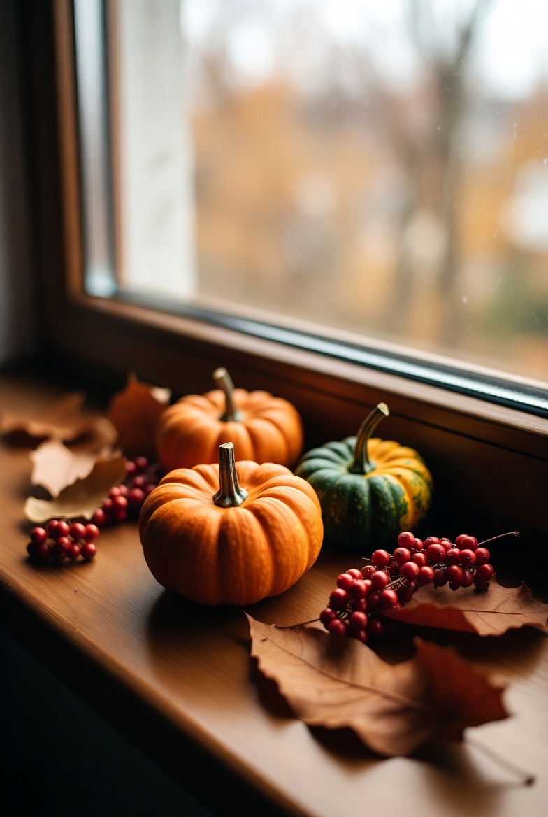 Pumpkins and berries by a window Pumpkins and berries by a window