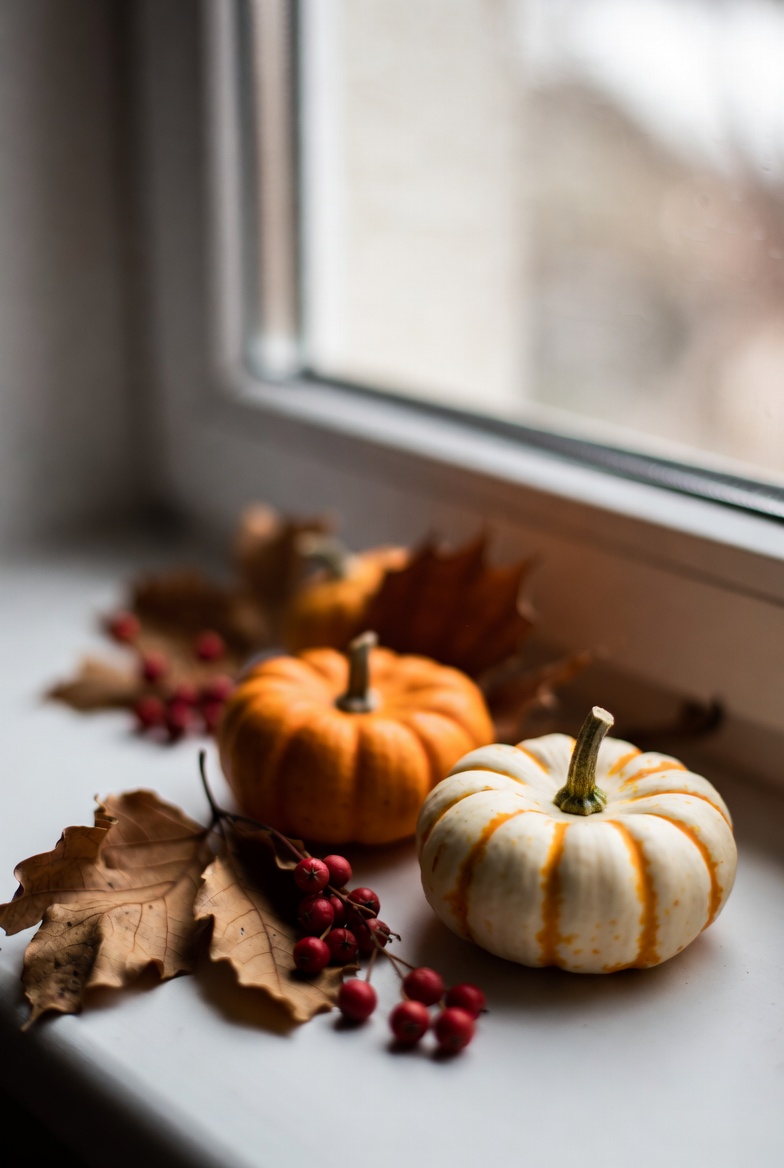 Autumn decor with pumpkins and leaves Autumn decor with pumpkins and leaves