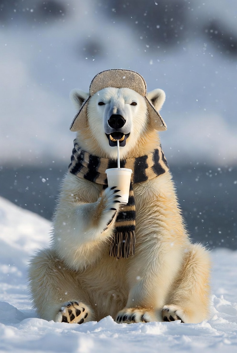 Polar bear enjoying drink in snow Polar bear enjoying drink in snow