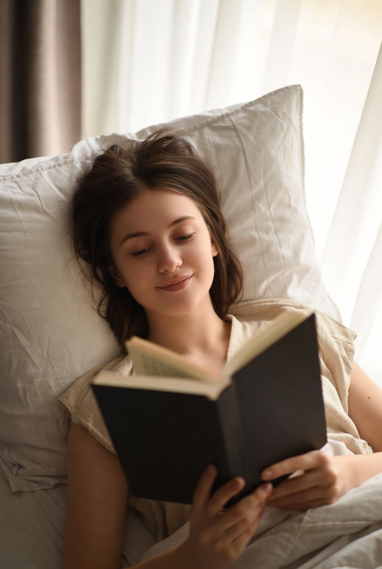 Woman reading book in bed Woman reading book in bed