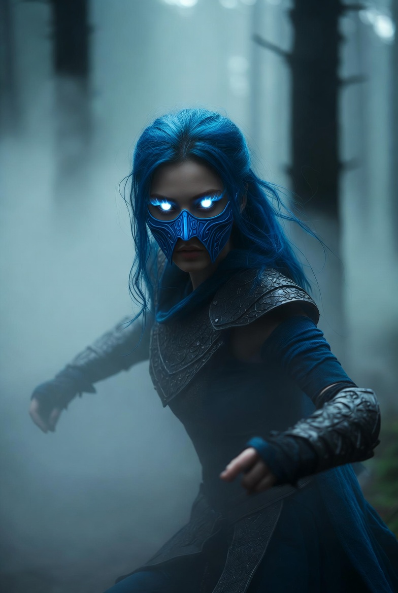 Blue-haired woman in mask forest Blue-haired woman in mask forest