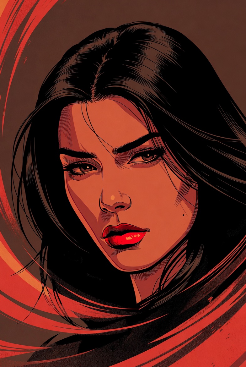 Woman with dark hair in red tones Woman with dark hair in red tones