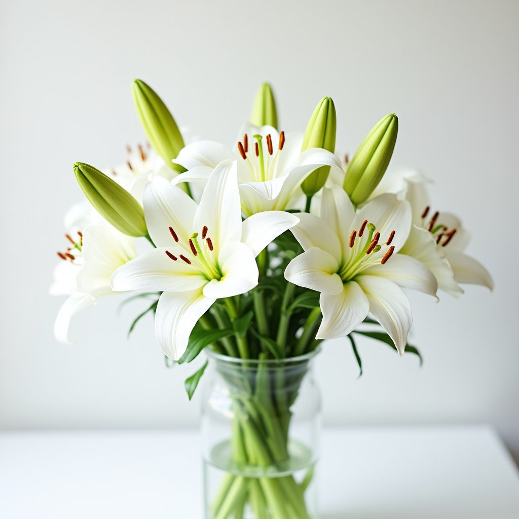 White lilies in clear vase on table White lilies in clear vase on table