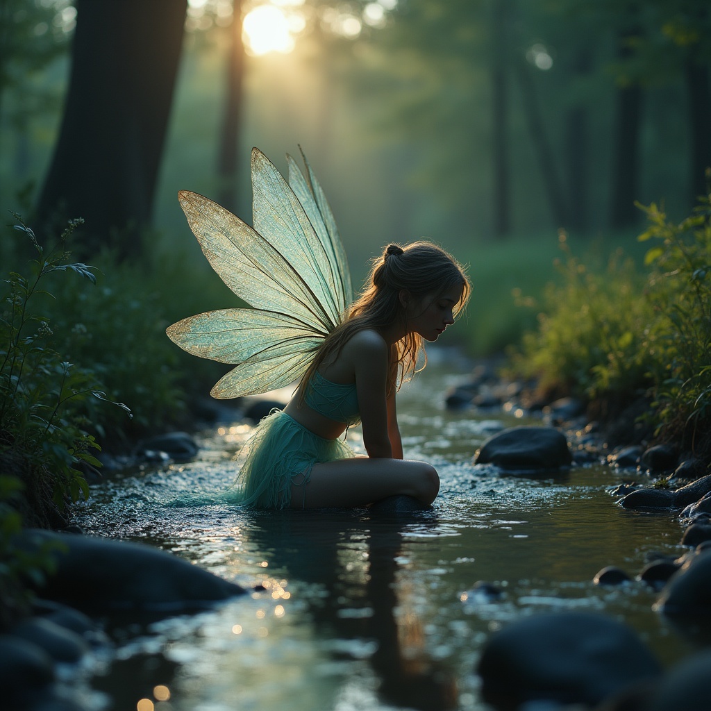 Fairy by the stream during sunset Fairy by the stream during sunset