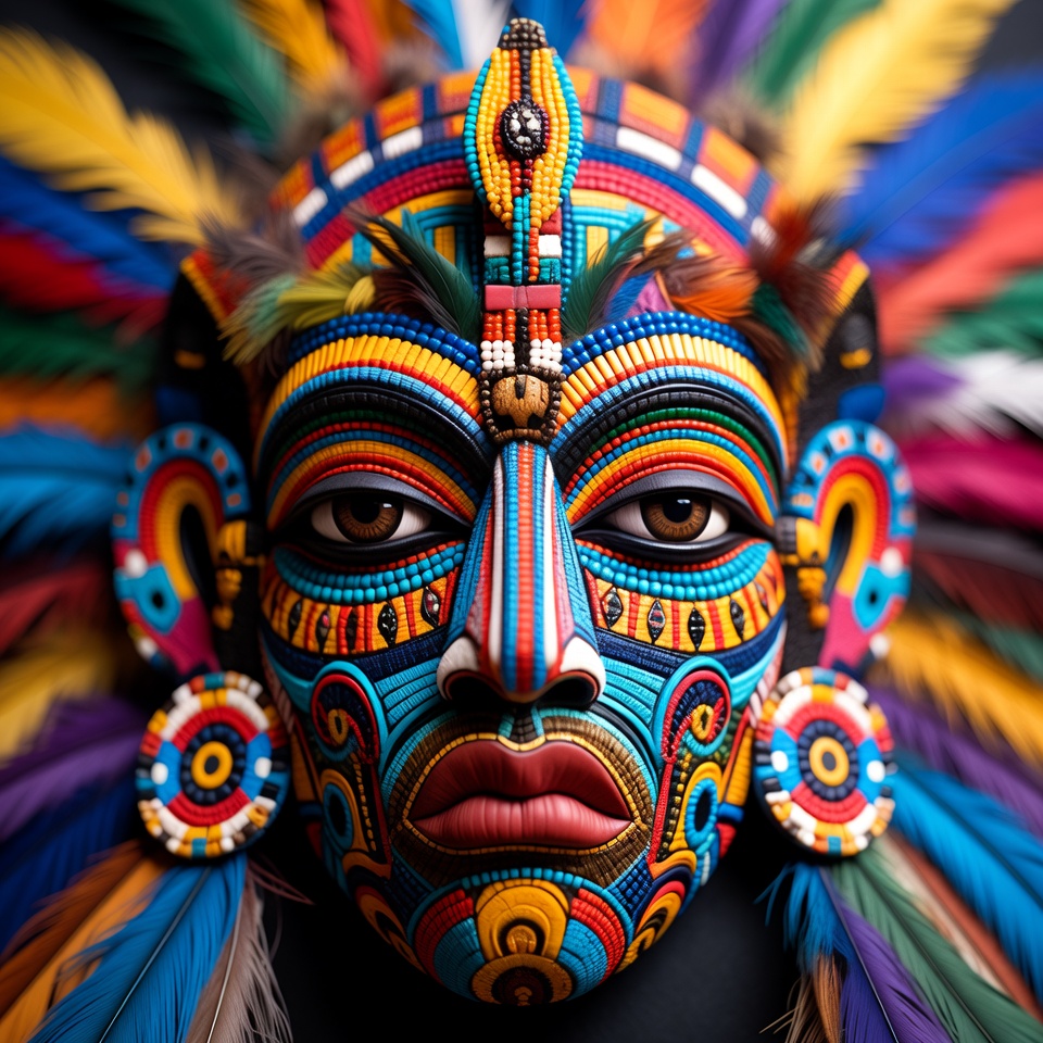 Colorful mask with feathers on display Colorful mask with feathers on display