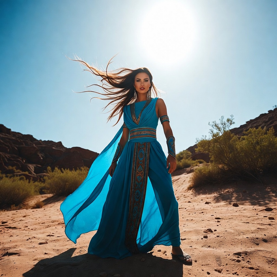 Desert model with flowing blue outfit Desert model with flowing blue outfit