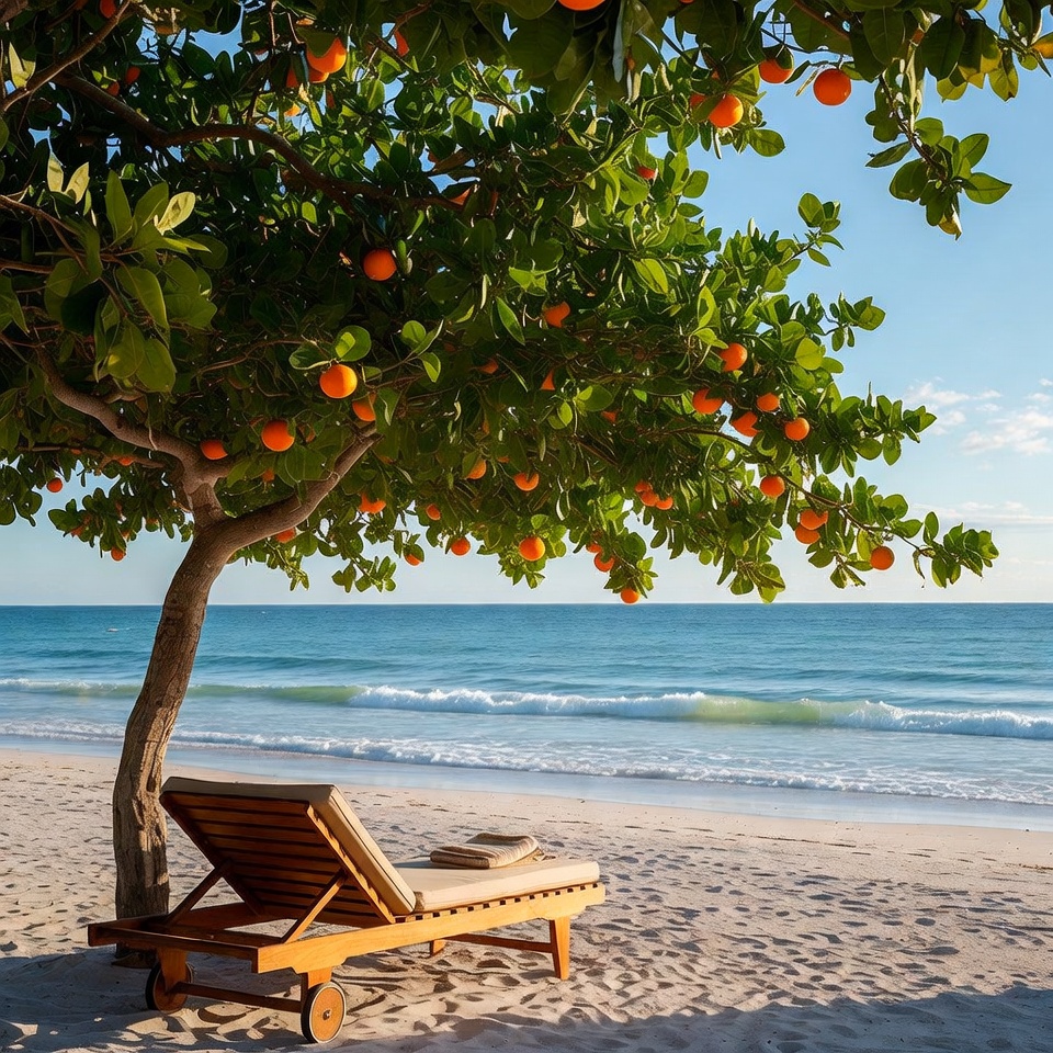 Beach chair under orange tree Beach chair under orange tree