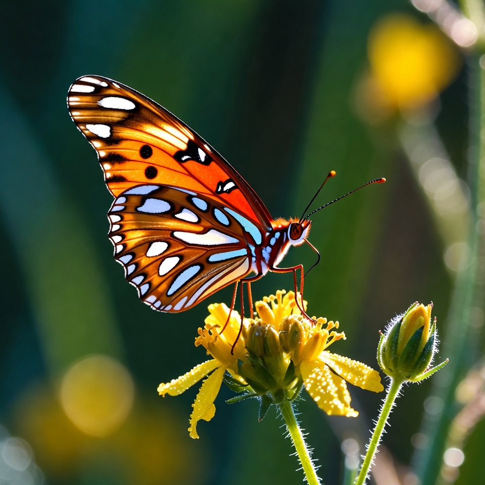 Butterfly resting on flower in sunlight Butterfly resting on flower in sunlight
