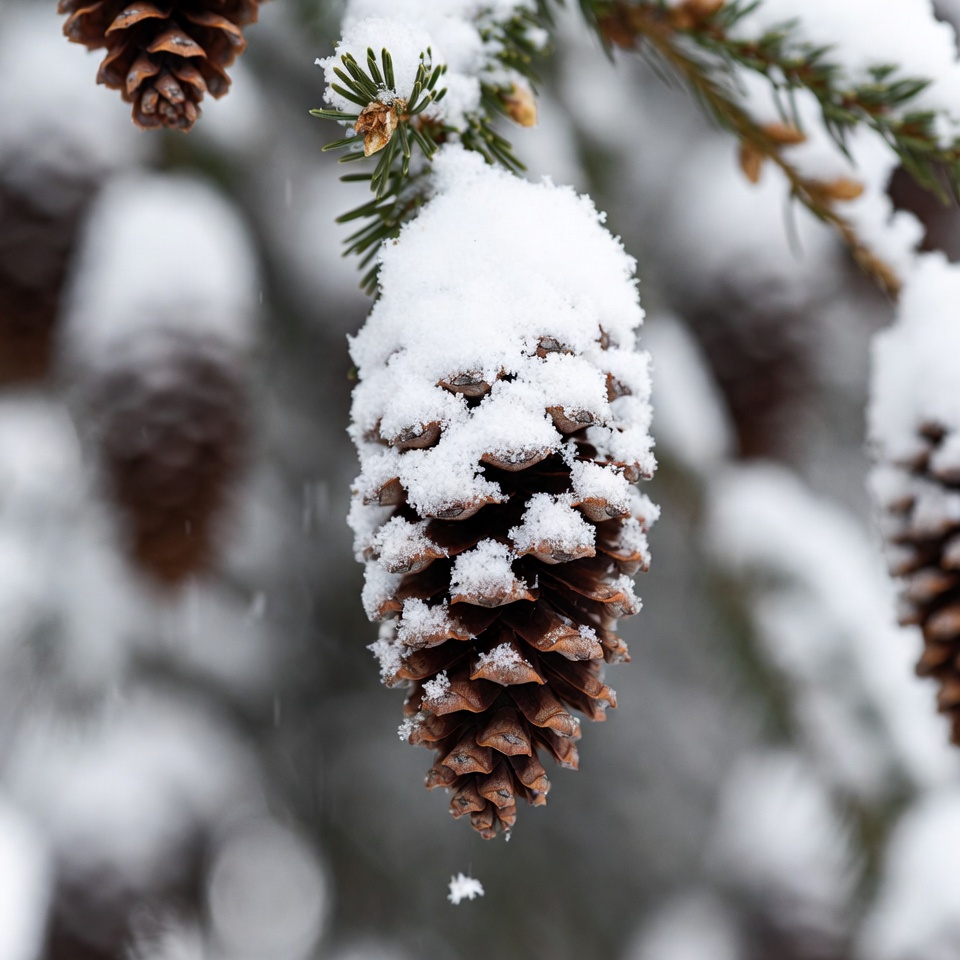 Snow on pine cone in winter Snow on pine cone in winter