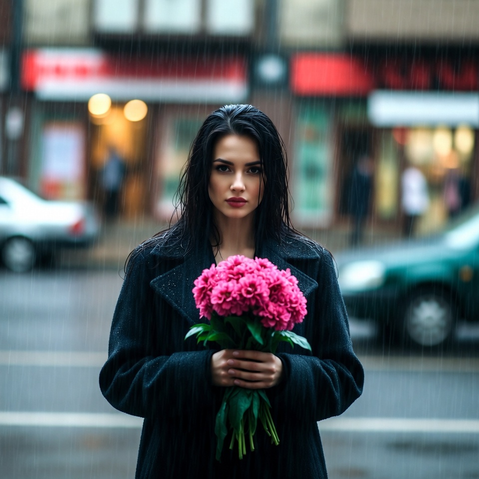 Woman with flowers in the rain Woman with flowers in the rain