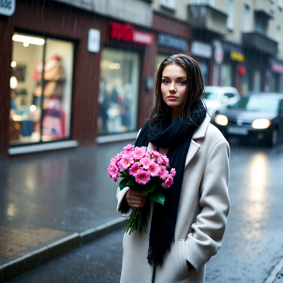 Woman with flowers in the rain Woman with flowers in the rain