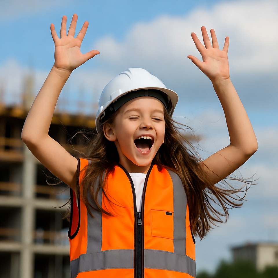 Girl celebrating at construction site Girl celebrating at construction site