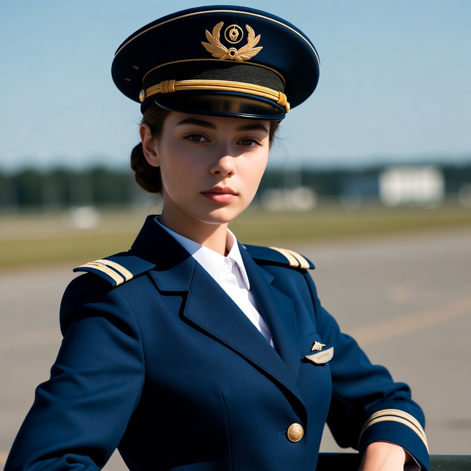 Woman in pilot uniform on runway Woman in pilot uniform on runway