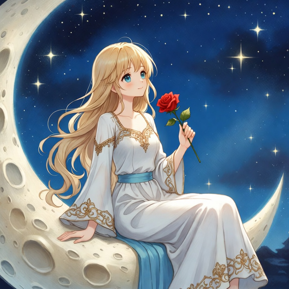 Girl sitting on moon holding rose at night Girl sitting on moon holding rose at night