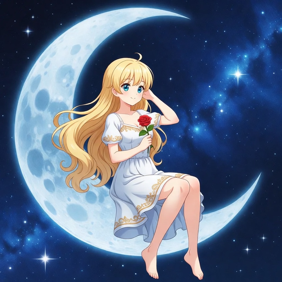 Girl sitting on moon with rose Girl sitting on moon with rose