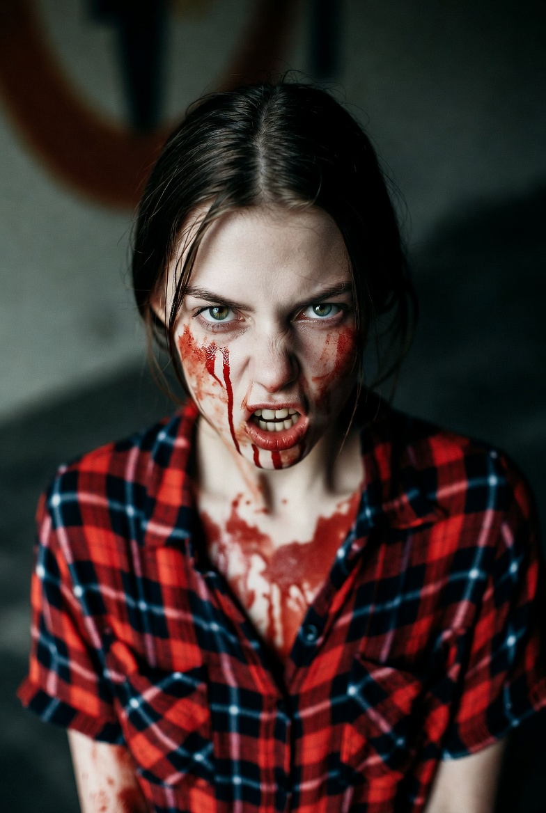 Woman with blood in urban setting Woman with blood in urban setting