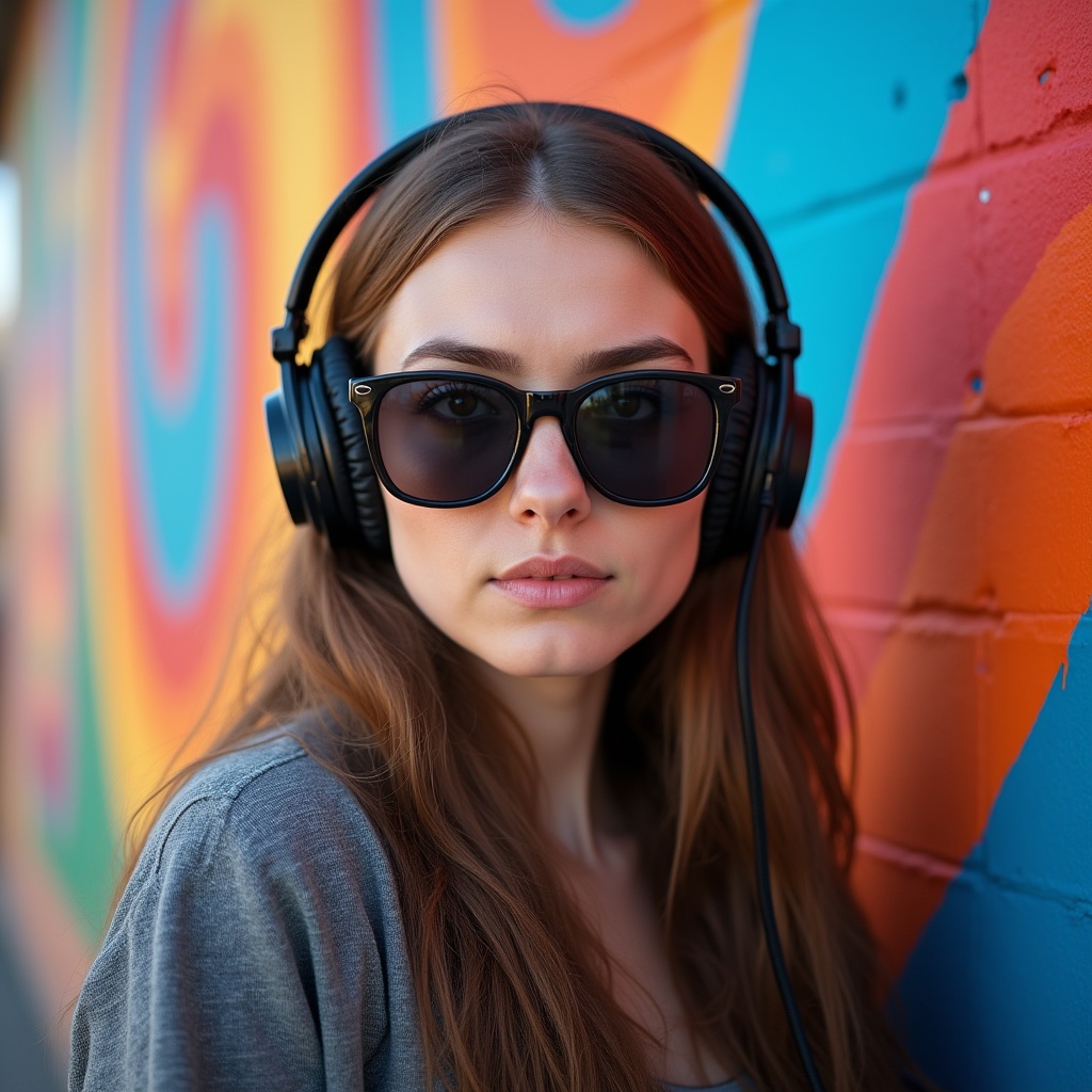 Young woman with headphones by wall art Young woman with headphones by wall art