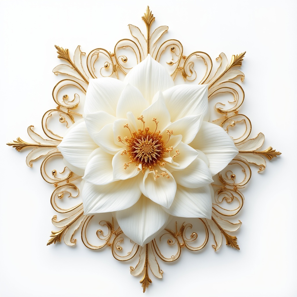 Large white flower decoration with gold accents Large white flower decoration with gold accents
