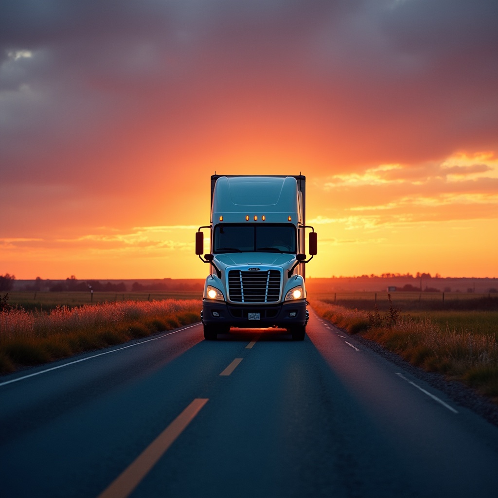 Truck driving on road at sunset Truck driving on road at sunset