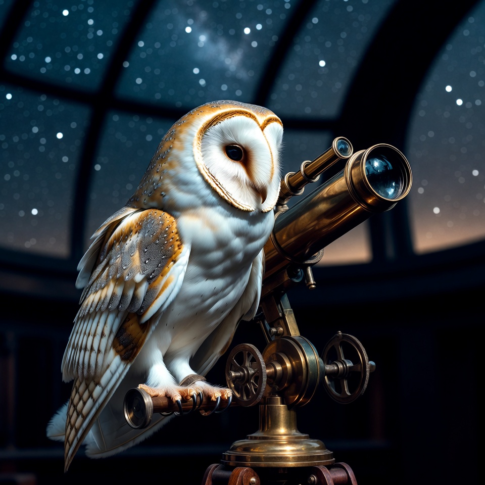 Owl looks through telescope at night sky Owl looks through telescope at night sky