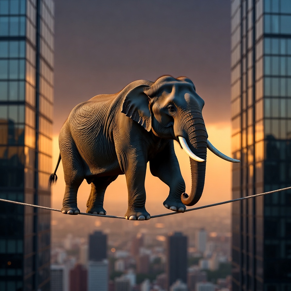 Elephant walking on tightrope over city Elephant walking on tightrope over city