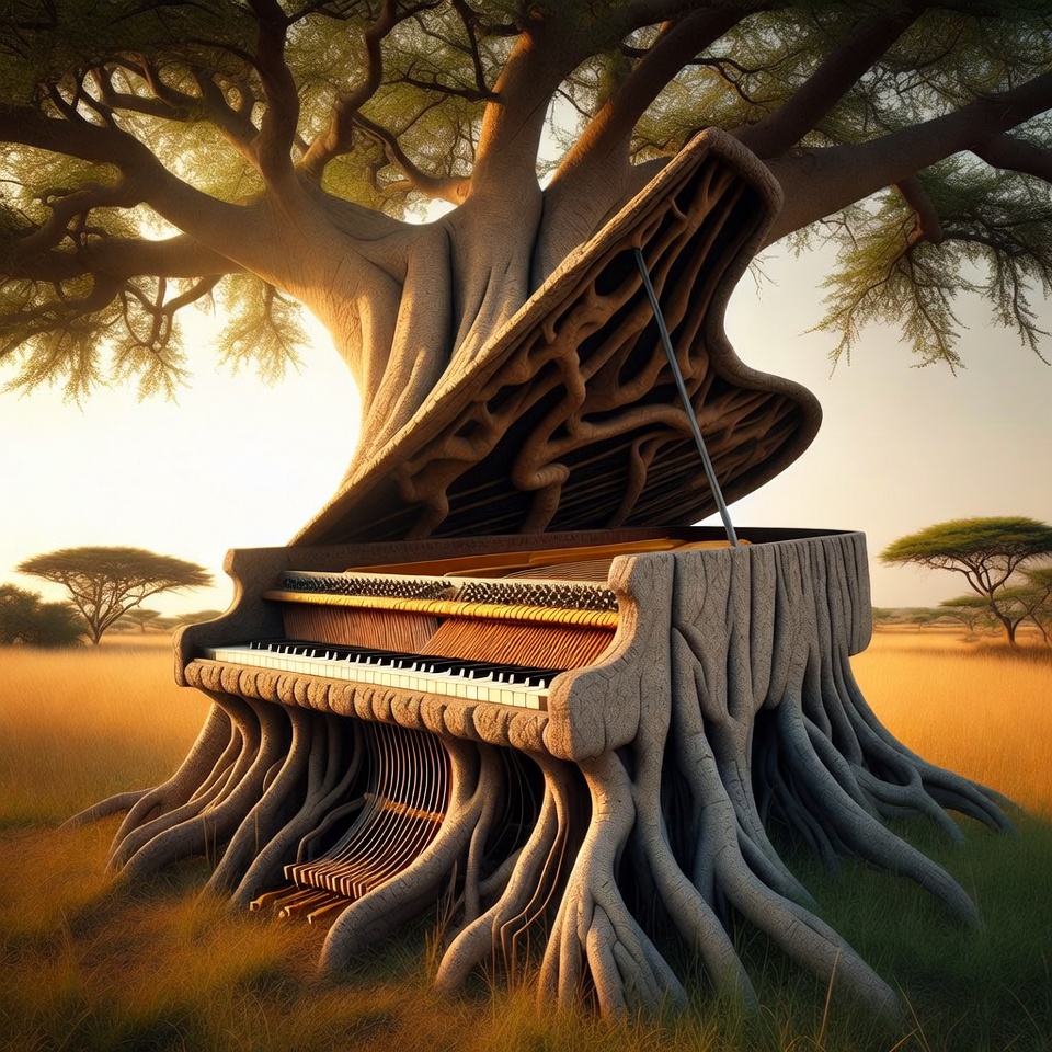 Piano emerging from a tree Piano emerging from a tree