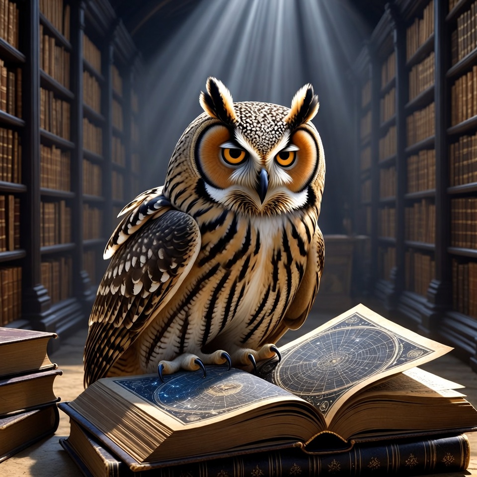 Owl reading in library setting Owl reading in library setting