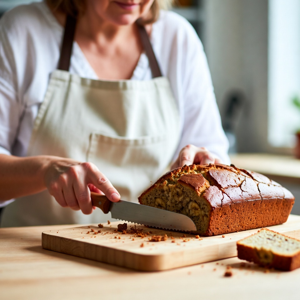 Woman cutting bread in kitchen Woman cutting bread in kitchen
