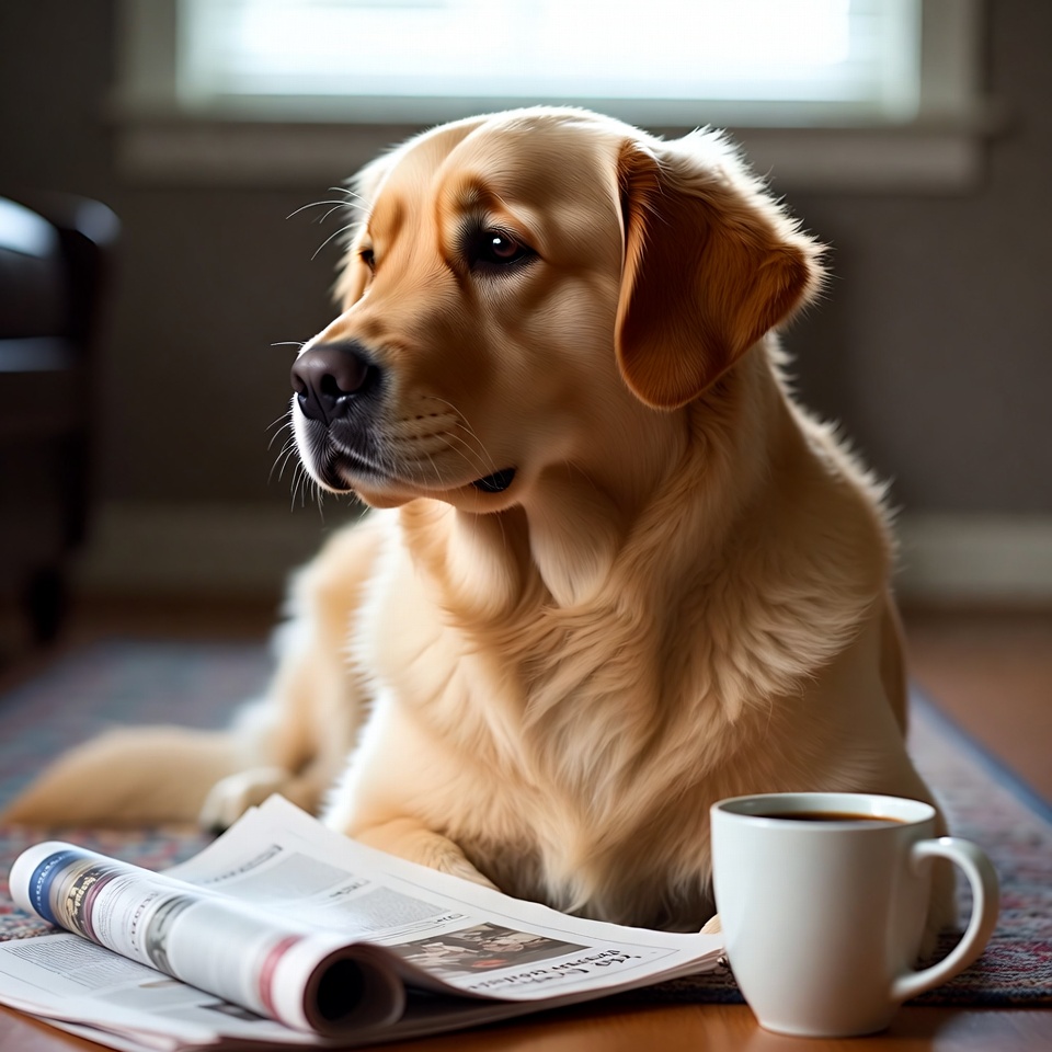 Dog reading a newspaper at home Dog reading a newspaper at home
