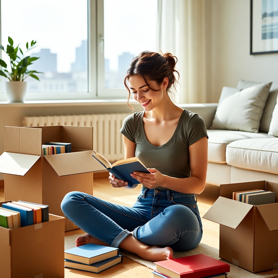 Reading while unpacking boxes at home Reading while unpacking boxes at home