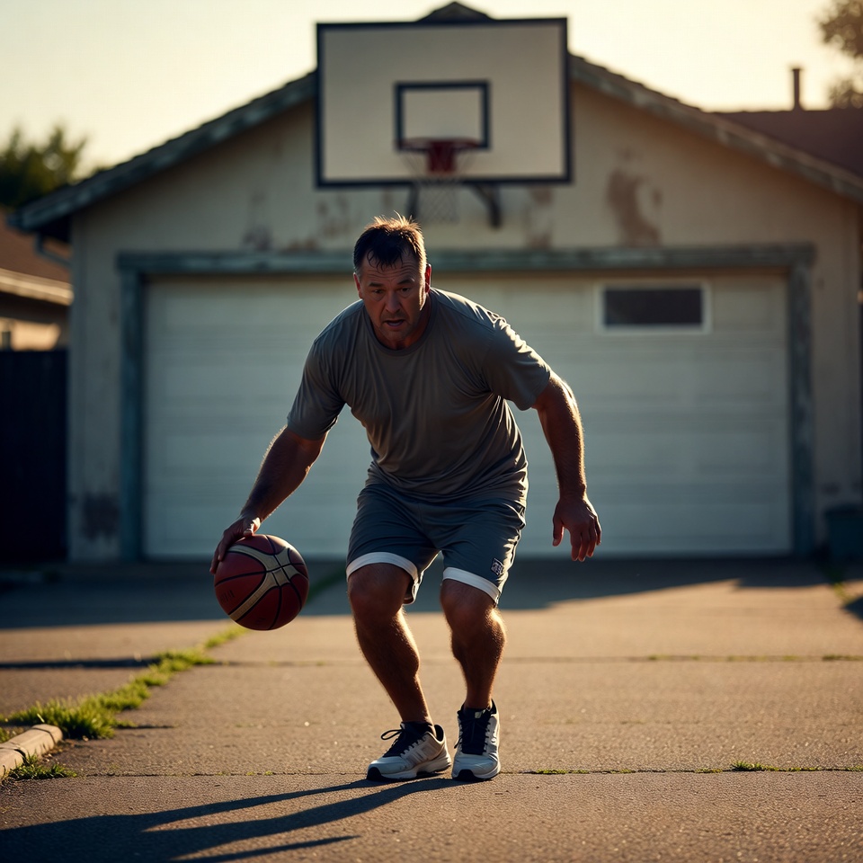 Man dribbles basketball outdoors at sunset Man dribbles basketball outdoors at sunset