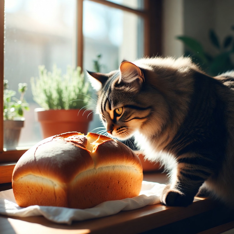 Cat observes bread by the window Cat observes bread by the window
