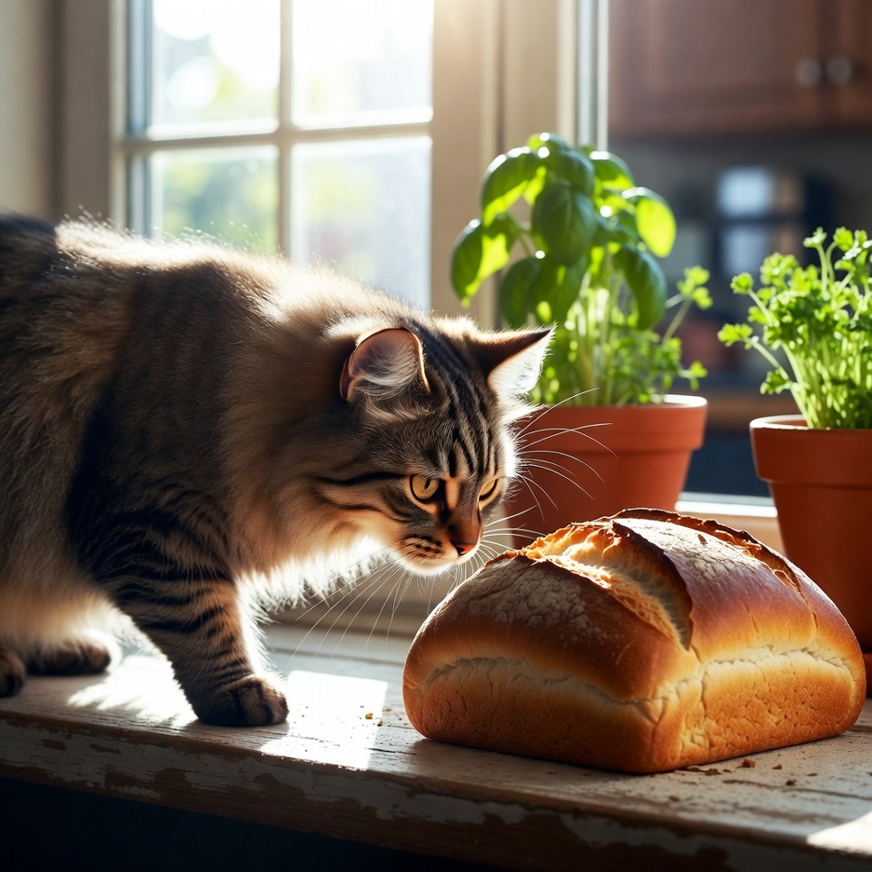 Cat exploring bread near plants Cat exploring bread near plants
