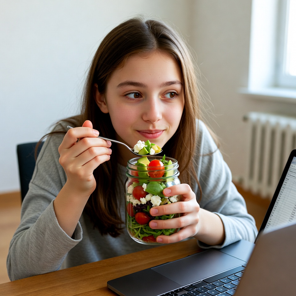 Girl eating salad at home while working Girl eating salad at home while working