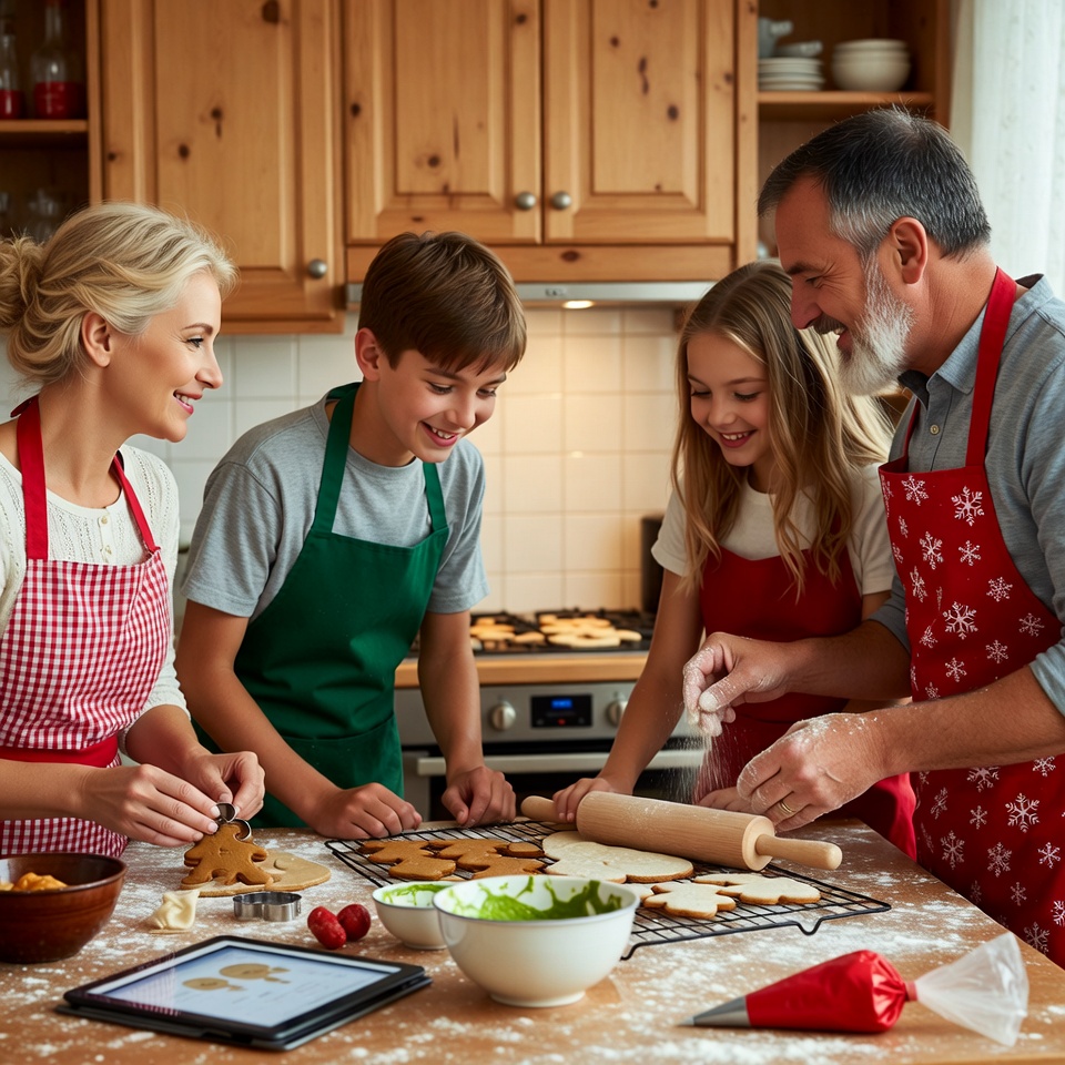 Family makes cookies in kitchen Family makes cookies in kitchen