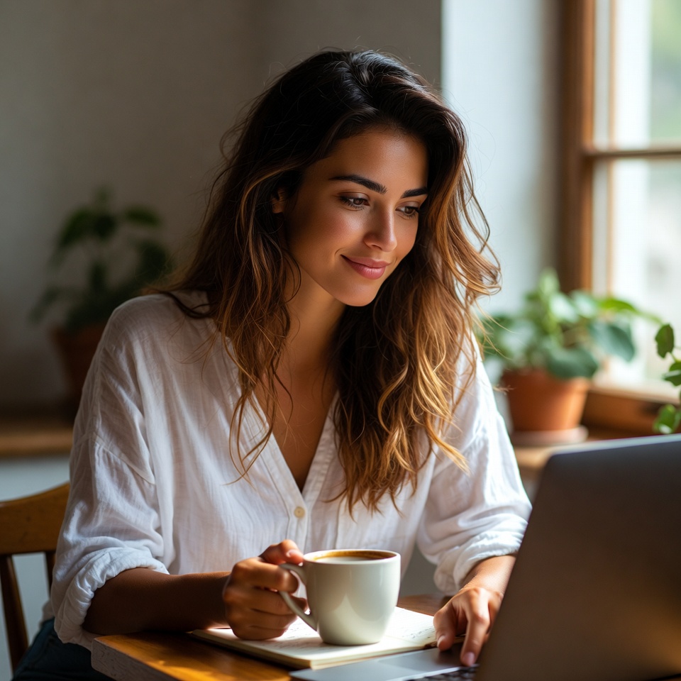 Woman enjoying coffee and working on laptop Woman enjoying coffee and working on laptop