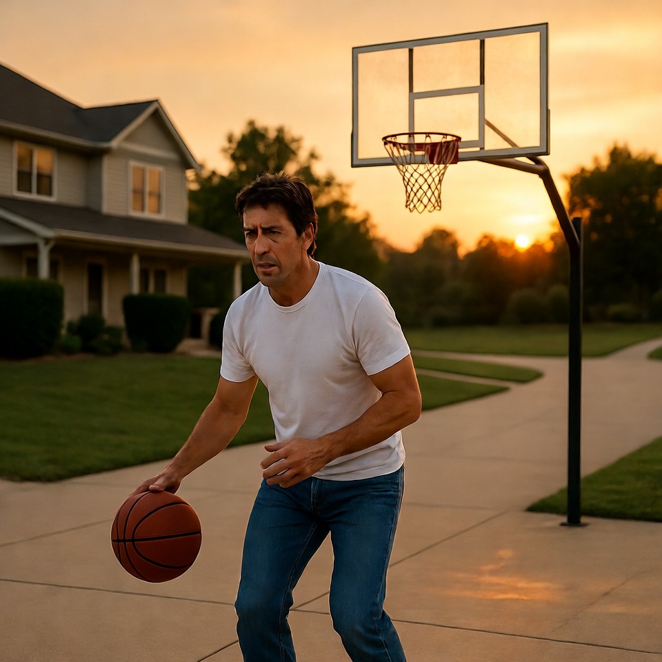 Man playing basketball at sunset Man playing basketball at sunset