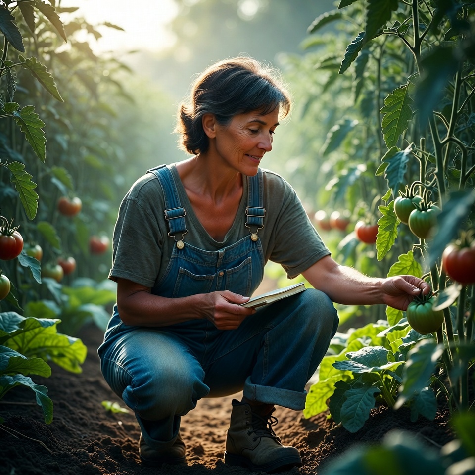 Woman harvesting tomatoes in garden Woman harvesting tomatoes in garden