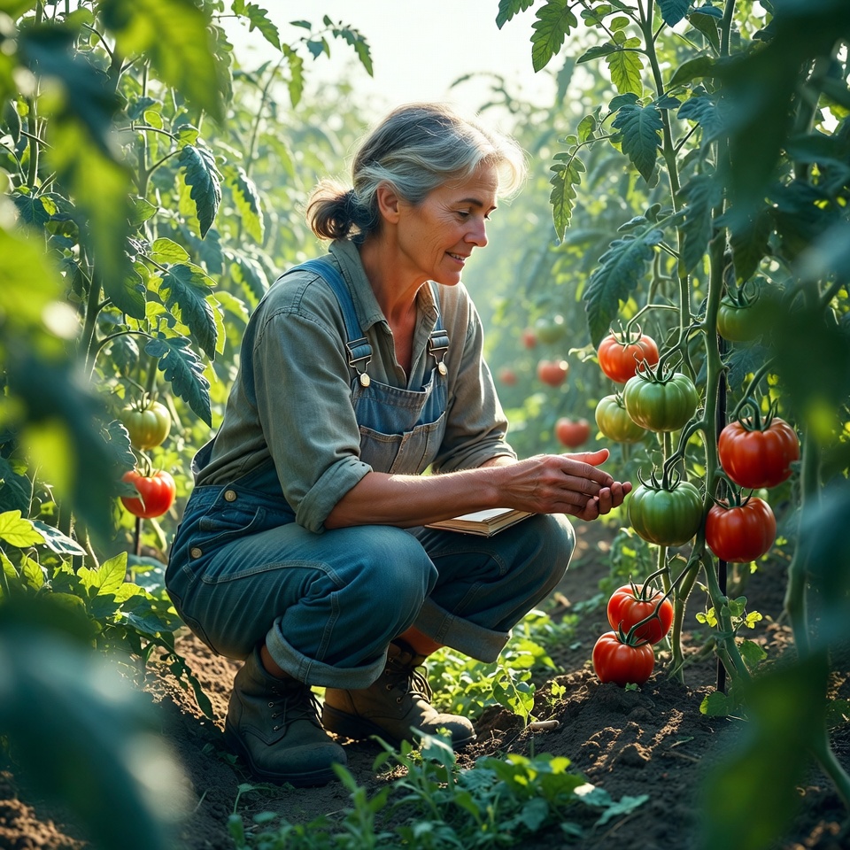 Woman picks tomatoes in garden Woman picks tomatoes in garden