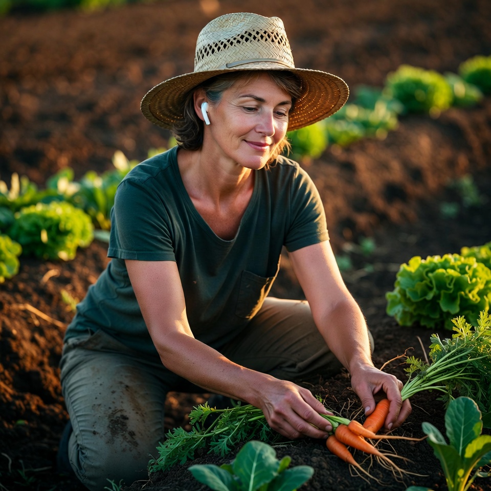 Woman harvesting carrots in garden Woman harvesting carrots in garden