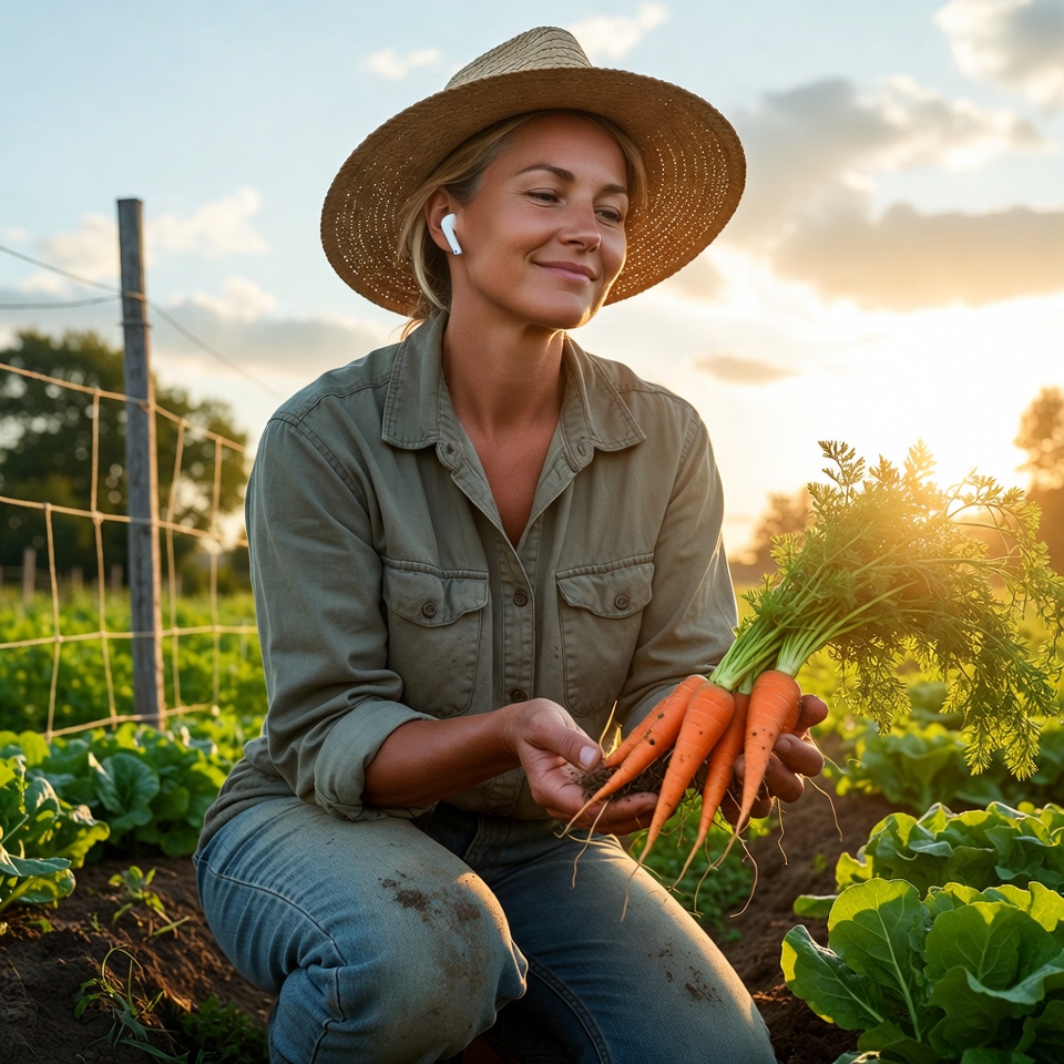 Woman harvesting carrots in garden Woman harvesting carrots in garden
