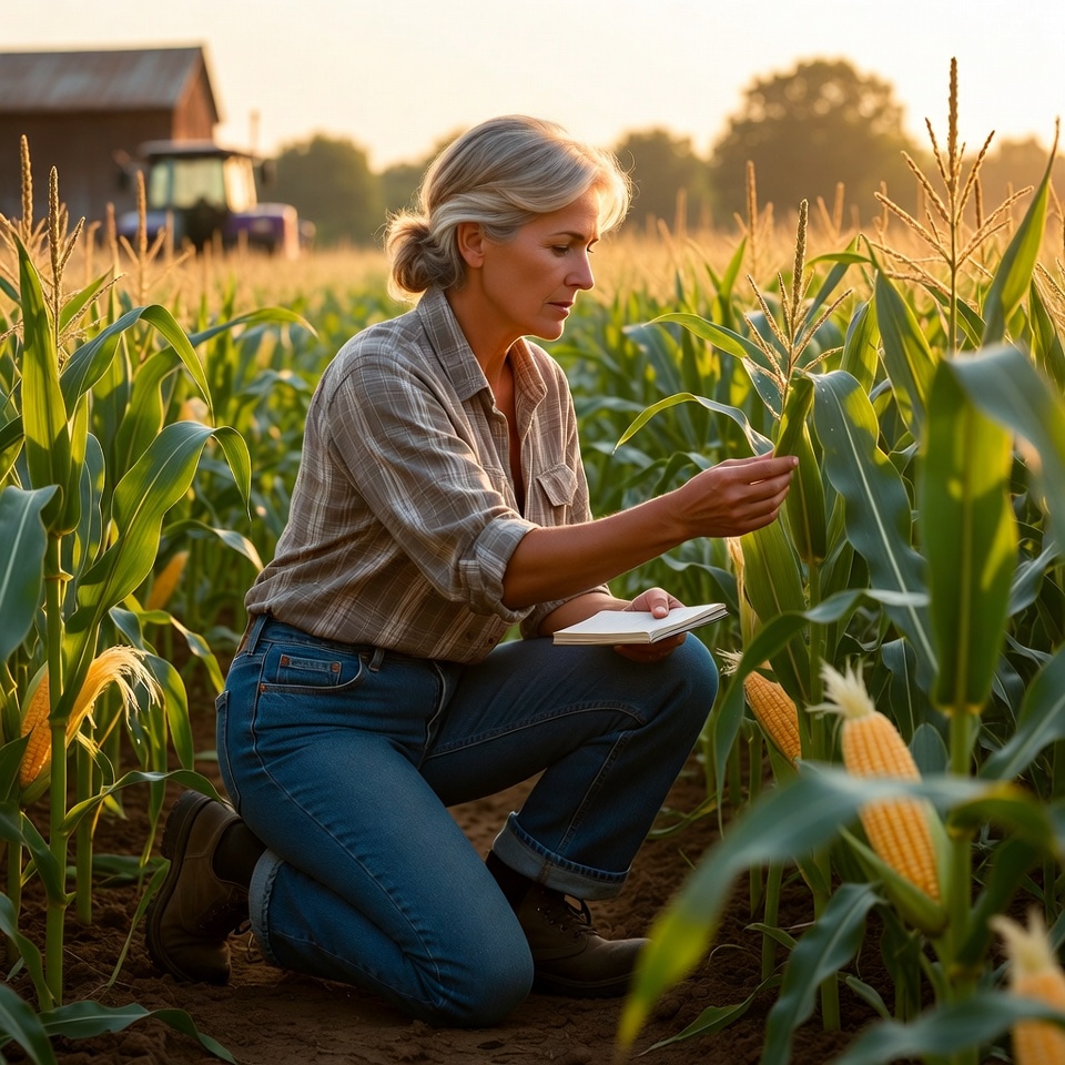 Woman inspecting corn at sunset Woman inspecting corn at sunset