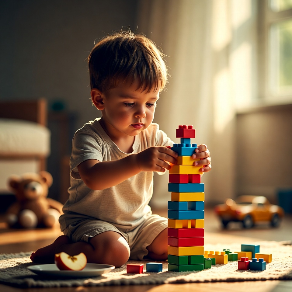 Child builds tower with blocks Child builds tower with blocks