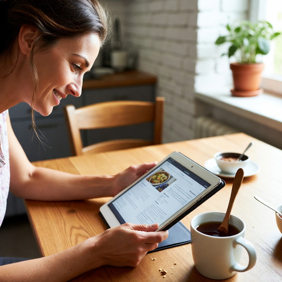 Woman studying a recipe on tablet Woman studying a recipe on tablet