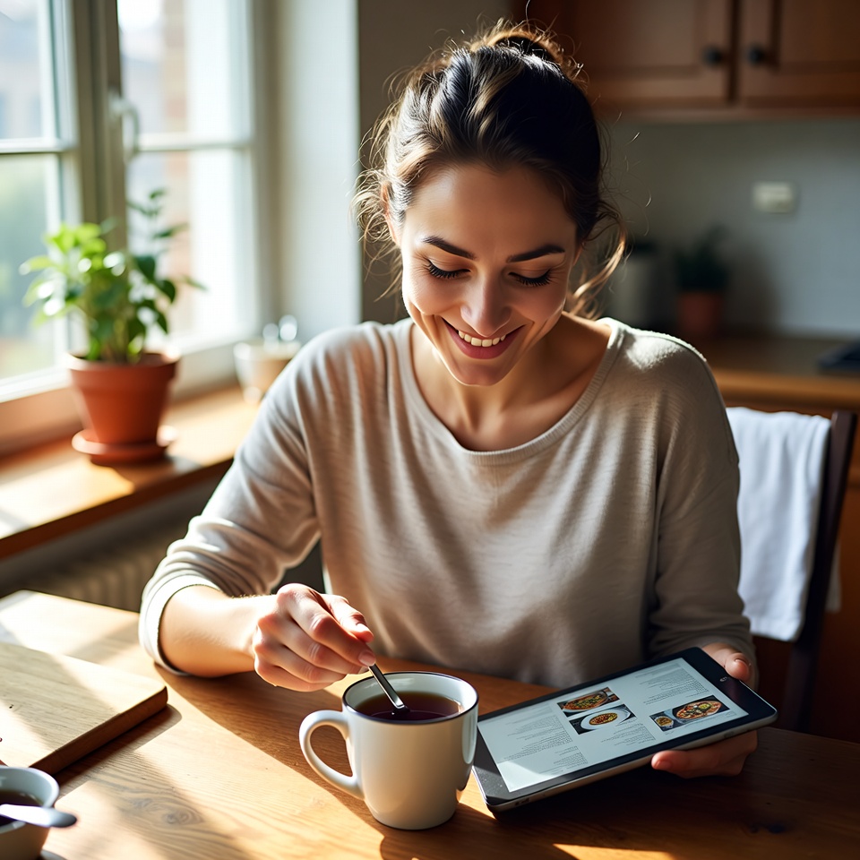 Morning routine with coffee and tablet Morning routine with coffee and tablet
