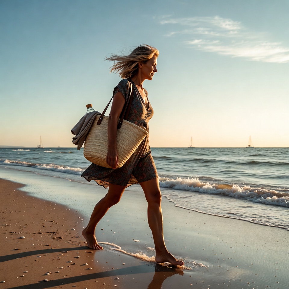 Woman walking on beach at sunset Woman walking on beach at sunset
