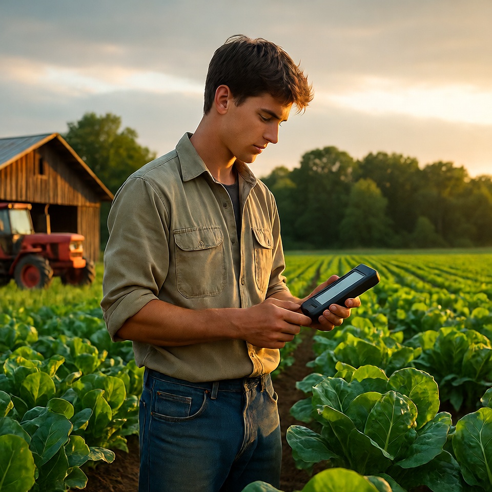 Young man uses device in field Young man uses device in field