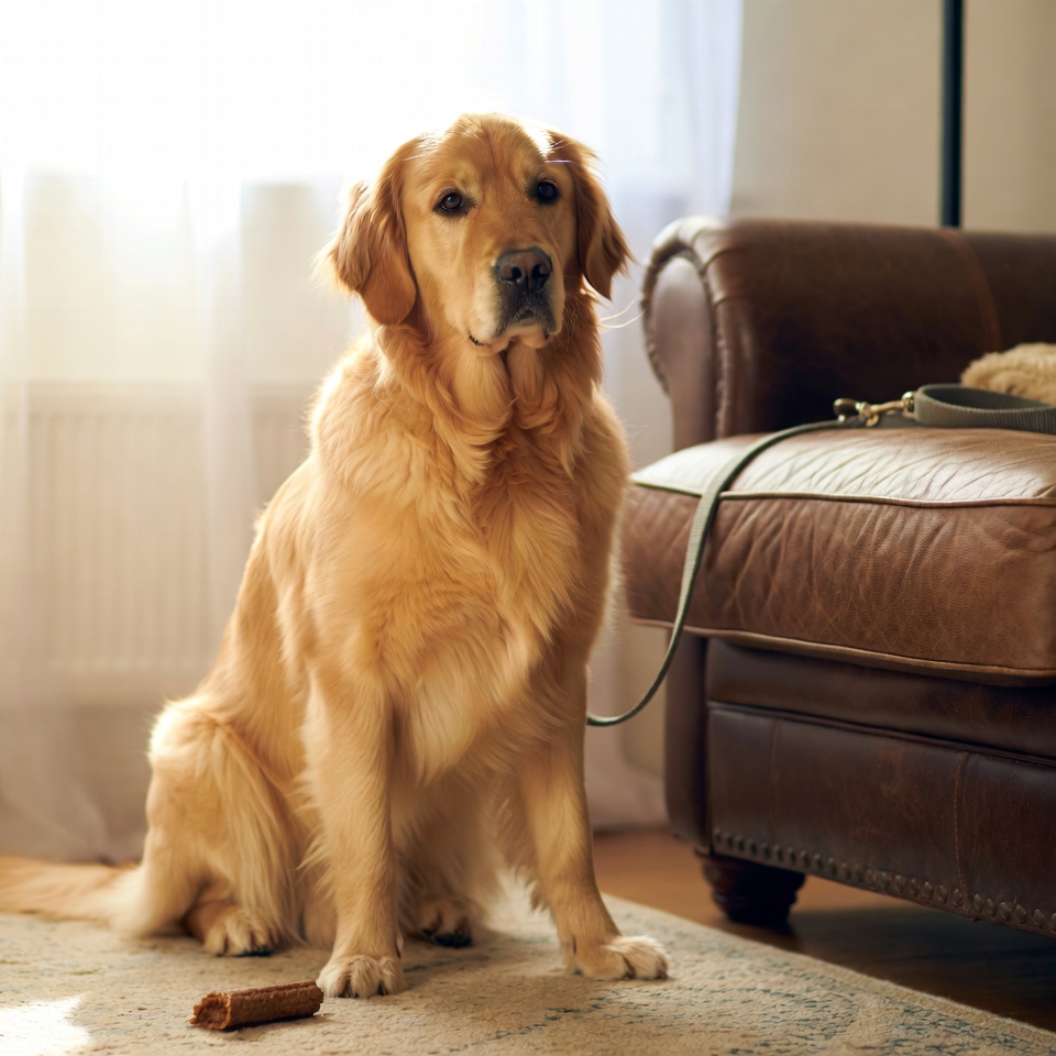 Golden retriever sitting indoors on rug Golden retriever sitting indoors on rug
