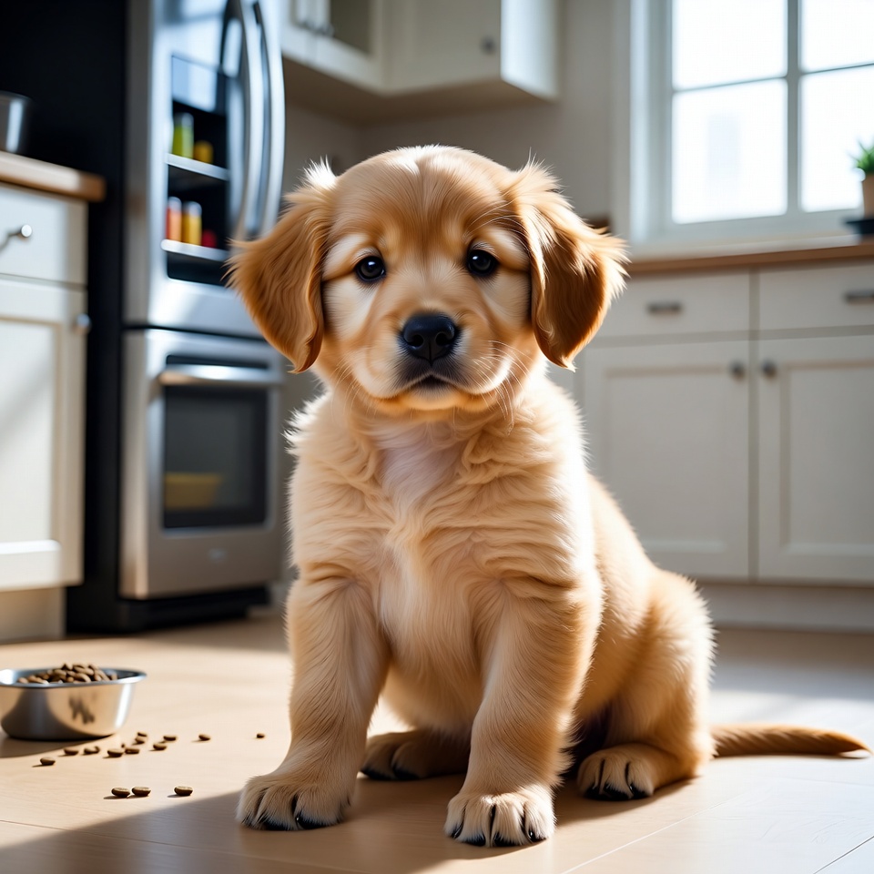 Golden puppy in kitchen environment Golden puppy in kitchen environment