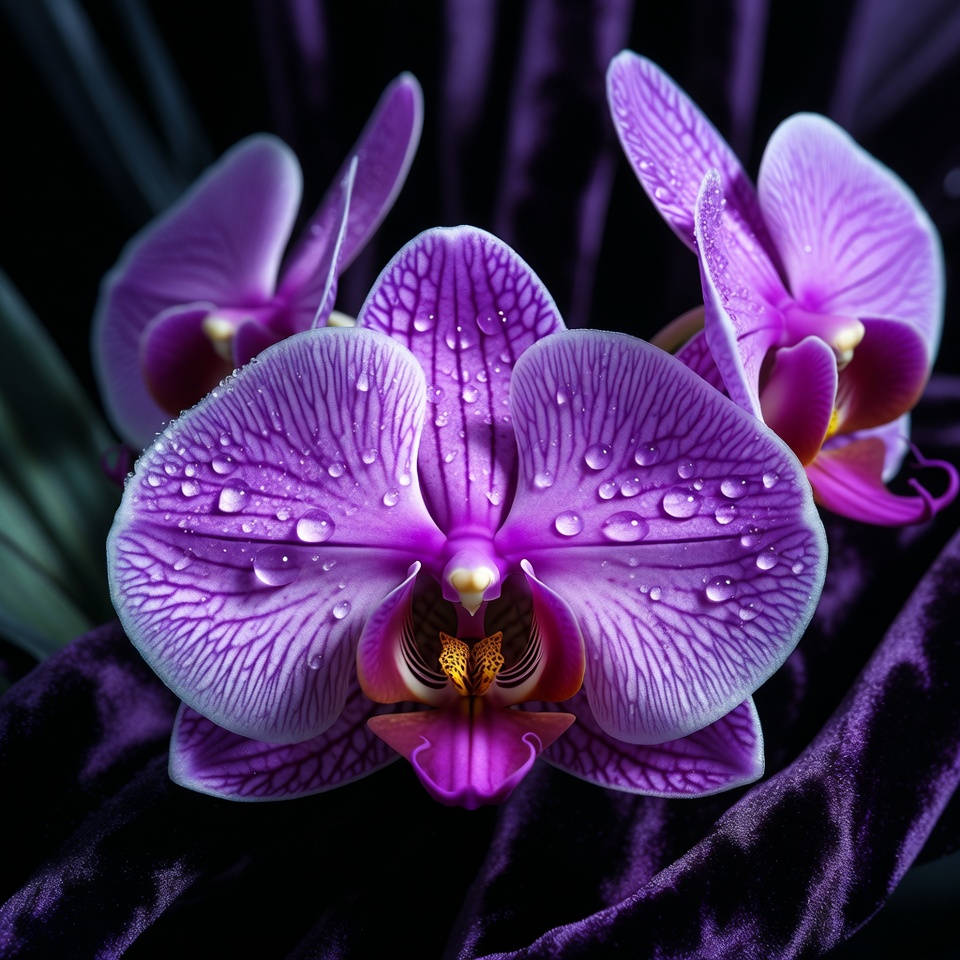 Purple orchid with water droplets on petals Purple orchid with water droplets on petals
